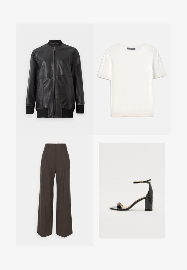 Crna kožna bomberska jakna s prednjim patentnim zatvaračem, rebrastim ovratnikom, dugim rukavima i dva bočna džepa; glatka tekstura s vidljivim šavnim detaljima.; Bijela kratkotrajna pletena majica s kratkim rukavima i okruglim izrezom, koja se odlikuje glatkom teksturom i suptilnim rebrastim detaljima na rukavima i rubu.; Tamno smeđi hlače širokih nogavica s visokim strukom, s uredno peglanim naborima, glatkom teksturom i krojem koji dobro pristaje.; Crne lakirane sandale s širokim potpeticama, otvorenim prstima i remenom oko gležnja s zlatnom kopčom. Glatka tekstura i elegantan dizajn.