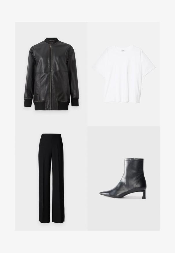 Must must-hõlmikjakk, millel on ees lukuga tõmblukk, sooneline krae, pikad varrukad ja kaks küljetaskut; sile tekstuur nähtavate õmblusdetailidega.; Valge puuvillane T-särk lühikeste varrukatega, ümmargune kaelus, mugav lõige ja õmmeldud serv. Silt nähtav kaela seest.; Mustad laiad püksid mustas värvitoonis, sujuva tekstuuri ja kõrge vöökoha ning keskmiste voldikutega. Ilma nähtavate mustrite või tarvikute detailideta.; Mustad mustall nahkasaabas terava nina ja stiilse disainiga. Omab madalat konts ja luku sulgemist taga. Sile tekstuur.