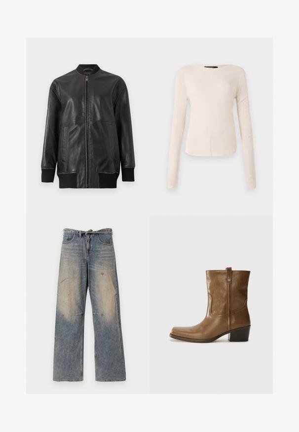 Black leather bomber jacket with a front zipper, ribbed collar, long sleeves, and two side pockets; smooth texture with visible stitching details.; Long-sleeve, light beige top with a round neckline. Made of soft fabric, features a central seam and slightly curved hem. No visible hardware.; Light blue denim jeans with a loose, straight-leg design. Features whiskering, fading, and distressed details near knees. Classic five-pocket style.; Brown leather ankle boot with a square toe, textured finish, and a low stacked heel. Features a rear pull tab and subtle stitching details.