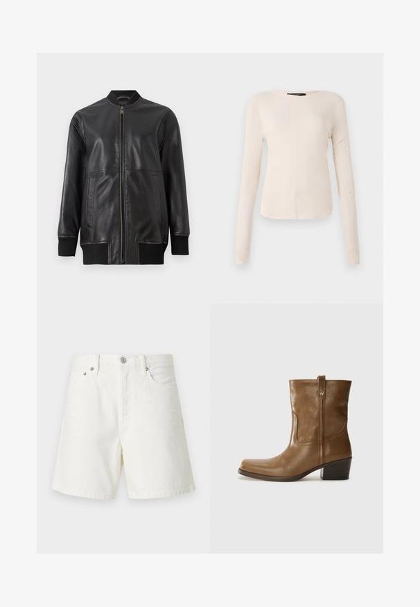 Juodas odinis bombonešis su priekiniais užtrauktukais, raukšlėtu apykakle, ilgomis rankovėmis ir dviem šoninėmis kišenėmis; lygus tekstūros paviršius su matomais siuvimo detalėmis.; Ilgesnių rankovių, šviesiai bežinis viršus su apvaliu iškirpimu. Pagamintas iš minkštos medžiagos, turi centrinę siūlę ir šiek tiek kreivą apatinių kraštų liniją. Matomų detalių nėra.; Balti džinsai šortai su tiesiu kirpimu, penkių kišenių dizainu, priekiniu mygtukų užsegimu, sidabro spalvos detalėmis ir siuvinėtais akcentais.; Rudų odinių batų iki kulkšnies su kvadratiniu pirštu, tekstūruotu paviršiumi ir žemu sluoksniuota pakulne. Yra užpakalinis kilpas ir subtilūs siuvinėjimo detalės.