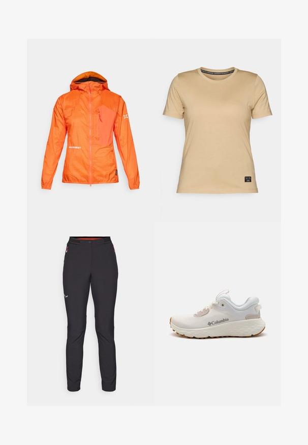 Casaco leve laranja com capuz, apresentando uma textura em grelha, bolsos com fecho éclair e uma marcação branca. Material suave e design atlético.; Salewa EAGLE LOGO PATCH - T-shirt básica - quicksand; Salewa PEDROC PANT - Calças para exterior - black out; Sapatilha atlética leve da Columbia em malha branca com uma sola cinza texturizada e tração em borracha. Apresenta um colarinho acolchoado e um design com atacadores.