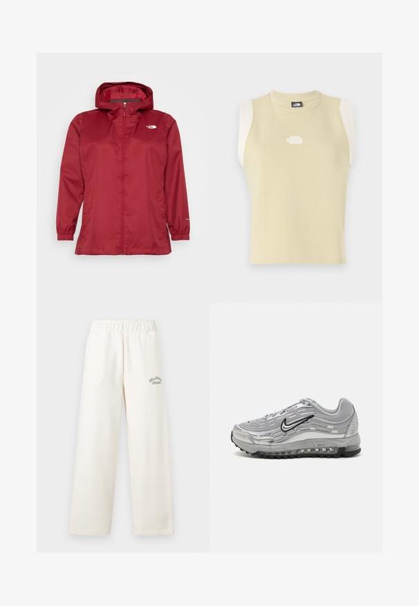 The North Face QUEST PLUS JACKET - Jachetă impermeabilă - beetroot; Top fără mâneci din bumbac galben pal, cu un decolteu rotund. Include panouri de umăr în contrast de nuanță crem și un logo texturat pe piept.; Pantaloni largi de culoare crem, confecționați dintr-un material moale, cu un brâu elastic. Prezintă un text brodat subtil de culoare verde pe față.; Adidași gri Nike Air Max, cu un superior din plasă și material sintetic, design în valuri, accente negre și o unitate de amortizare vizibilă.