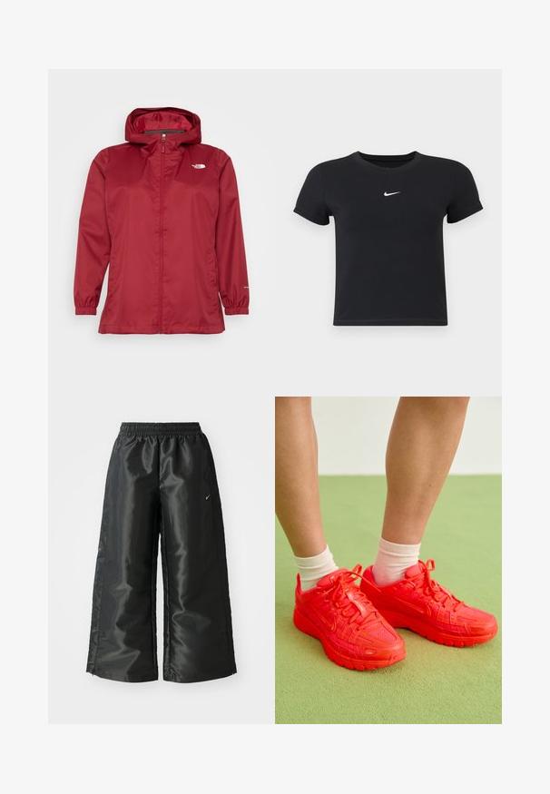 The North Face QUEST PLUS JACKET - Regnjakke - beetroot; Svart T-skjorte med kort arm laget av bomull med rund hals. Har en hvit Nike-logo på brystet, minimalistisk design og tettsittende fasong.; Svarte treningsbukser med en blank, glatt stoff, som har et elastisk liv, vide ben og en liten logo på venstre side.; Lyse røde Nike-sko med mesh- og gummidetaljer, med forsterkede snorer og tykke såler. Brukt med kremfargede sokker.