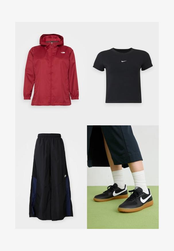 The North Face QUEST PLUS JACKET - Vodoodporna jakna - beetroot; Črna kratka majica z rokavi iz bombaža s krožnim vratnim izrezom. Ima bel Nike logotip na prsih, minimalističen dizajn in oprijet kroj.; Črne široke hlače iz lahkega materiala, z morsko modrim stranskim panelom in elastičnim pasom. Majhna bela oznaka na dnu.; Črne usnjene in sintetične superge z belim Nike swooshom, gumo na podplatu, okroglo konico ter črnimi vezalkami. Vidne so rebraste bele nogavice.