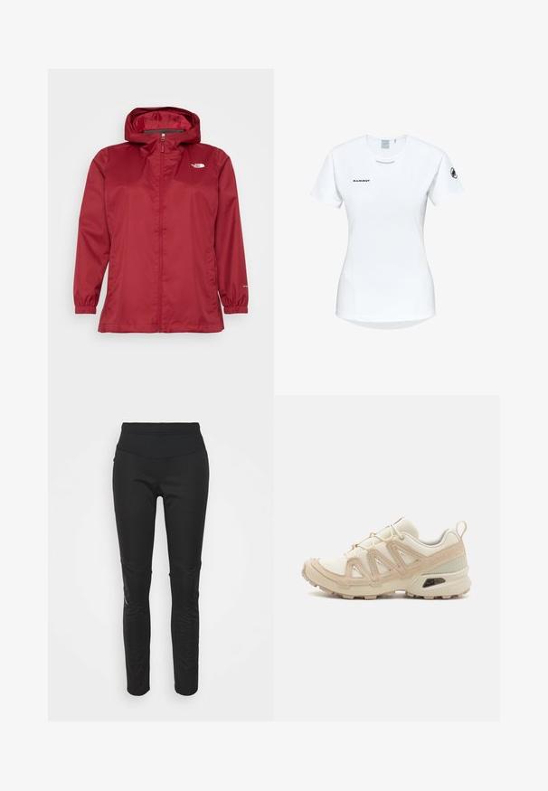 The North Face QUEST PLUS JACKET - Veste imperméable - beetroot; T-shirt de sport à manches courtes, blanc, avec un col rond, arborant un logo sur la poitrine et une texture de tissu lisse et léger.; Leggings de sport noirs avec une taille haute, texture lisse, détail de logo et accents en panneaux latéraux pour un intérêt visuel supplémentaire.; Baskets de sport beiges et crème avec une tige en mesh texturé, des superpositions de soutien et une semelle en caoutchouc dotée d'un motif de crampons pour une traction.