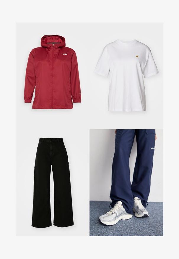 The North Face QUEST PLUS JACKET - Ūdensnecaurlaidīga jaka - beetroot; Balta kokvilnas T-kreklā ar brīvu piegriezumu, īsām piedurknēm un mazu izšūtu logotipu kreisajā krūtīs.; Melni platā kāju kravas bikses no denima, ar augstu vidukli, priekšējo pogu aizdari un sānu kabatām. Gluda tekstūra ar minimālu šuvju skaitu.; Nike sporta apavi ar sudraba sietu augšdaļu, baltām akcentiem un teksturētām zolēm, saskaņoti ar brīviem zila toņa biksēm.