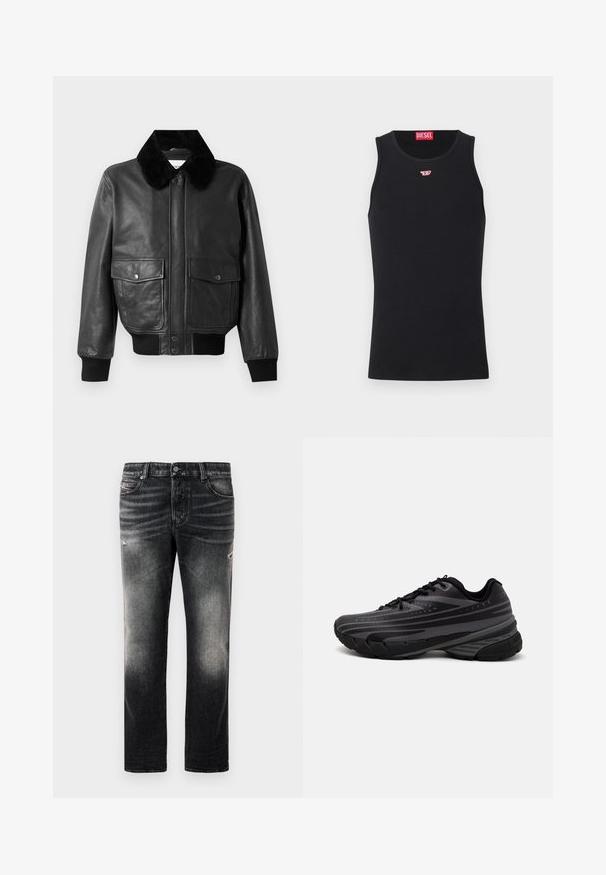 Črna usnjena bomberska jakna s puhastim črnim ovratnikom, dvema sprednjima žepoma ter rebrastimi manšetami in spodnjim robom. Gladka tekstura, zadrga za zapiranje.; Črn top z gladkega materiala, ki ima okroglo izrezano ovratnik, rokavske odprtine in majhen rdeč logotip na prsih. Preprost dizajn, brez rokavov.; Črne kavbojke z blagim oljčnim opravkom in raztrganimi detajli, standardnim petimi žepi in zapiranjem na zadrgo. Narejene so iz denim tkanine.; Črne tekaške copate z teksturiranim zgornjim delom, ki ima sive črte. Debel podplat za blaženje udarcev, okrogla konica in ravne vezalke za varen oprijem.