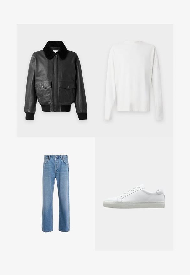 Svart läder bomberjacka med en fluffig svart krage, två framfickor och ribbade muddar och fåll. Slät textur, dragkedjestängning.; Vit långärmad skjorta i bomull med rund halsringning, sidofickor längst ner och en slät yta, visad bakifrån.; Ljust blå denimjeans med rak passform, fem fickor, knappstängning, minimal blekning och kontrasterande sömdetaljer.; Vit sneaker med en slät läderövre och låg profil. Har en rundad tå, sex snörhål och en strukturerad gummisula.