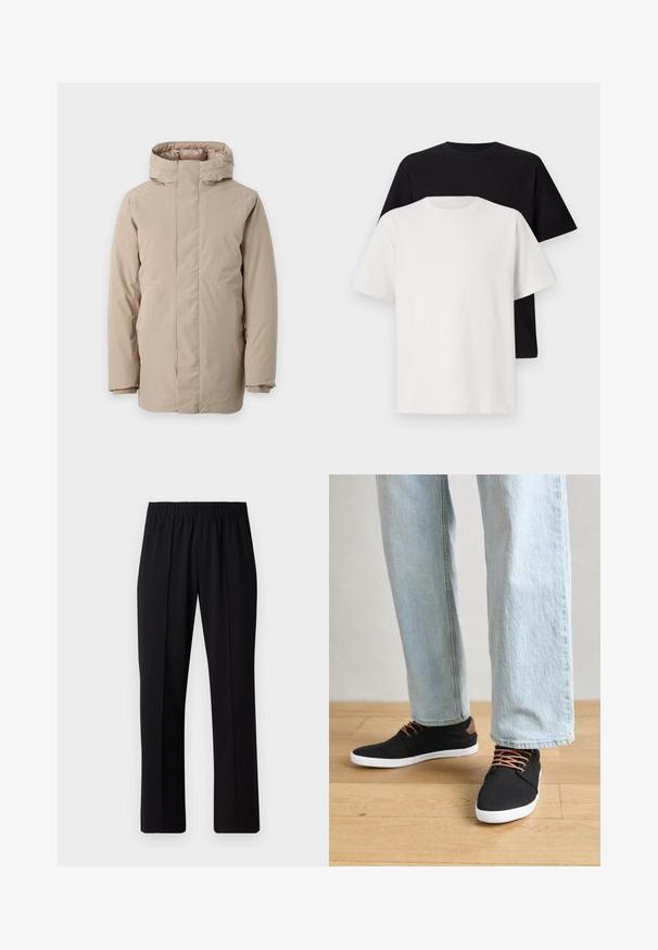Beige pufferjakke med høy krage, lange ermer og strømlinjeformet design. Laget av glatt stoff med en vannavvisende finish.; Sett med bomull t-skjorter bestående av en svart topp og en hvit topp, begge med korte ermer, rund hals og standard passform. Teksturet stoff.; Svart, elastisk midjebukser med rett ben-design, med en glatt tekstur og uten synlige mønstre eller maskinvare.; svarte lerrets sneakers med brune aksenter, hvite gummisåler og brune snørebånd, sammen med lyseblå rette jeans. Bakgrunn med tregulv.