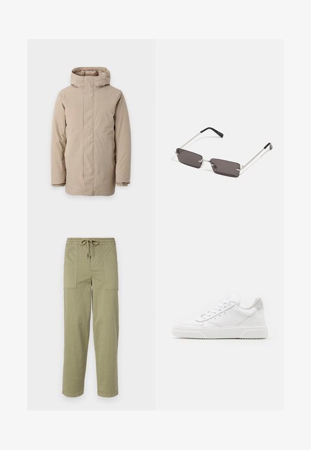 Beige puffer jacket featuring a high collar, long sleeves, and a streamlined design. Made from smooth fabric with a water-resistant finish.; White cotton t-shirt featuring short sleeves, crew neck, and a red graphic text "DELICIOUS REFRESHING FRUIT" on the front.; Light olive green pants made of cotton blend fabric, featuring an elastic waistband with drawstring, and two large side pockets.; White leather sneakers with a smooth finish, rounded toe, flat laces, and a textured sole. Grey suede accent at the heel.; Sunglasses with rectangular, dark grey lenses, silver metal frames, and black plastic tips on the arms. Lightweight design with nose pads.