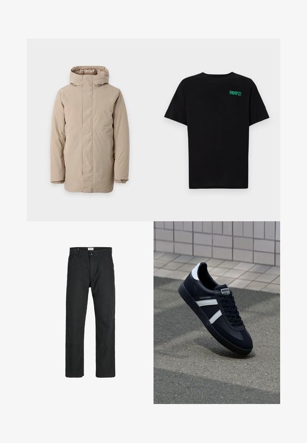 Doudoune beige avec un col montant, des manches longues et un design épuré. Fabriquée en tissu lisse avec une finition déperlant.; T-shirt noir en coton à manches courtes. Présente un logo "ROOTS" vert sur le devant, un col rond et une coupe standard.; Pantalons noirs en tissu durable, présentant un design à jambe droite, des accents cousus et deux poches avant pour la fonctionnalité.; Sneaker en cuir noir avec des rayures blanches, semelle en caoutchouc texturée et devant à lacets. Présente une étiquette de marque sur la languette.