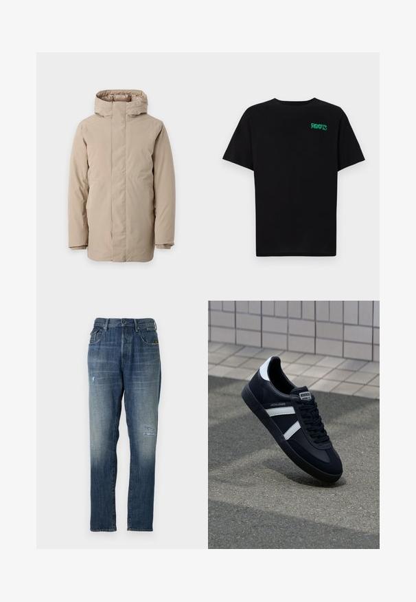 Beige puffer jacket featuring a high collar, long sleeves, and a streamlined design. Made from smooth fabric with a water-resistant finish.; Black t-shirt made of cotton with short sleeves. Features a green "ROOTS" logo on the front, round neckline, and standard fit.; Denim jeans featuring a faded blue color, a straight leg design, moderate distressing on the front, and a classic five-pocket style.; Black leather sneaker with white stripes, textured rubber sole, and lace-up front. Features a branded label on the tongue.