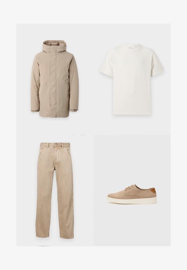Jachetă puf bej, cu guler înalt, mâneci lungi și un design aerodinamic. Fabricată dintr-un material neted, cu un finisaj rezistent la apă.; Tricou alb cu maneci scurte, dintr-un material ribbed. Guler rotund, croi lejer, fără modele sau accente vizibile. Design simplu și versatil.; Jeans din denim bej cu un design drept, care prezintă buzunare frontale, închidere cu buton metalic și o textură subtilă.; Tenisi din suede bej cu vârf rotund, sistem de șireturi în față și un accent texturat în spate. Talpa albă din cauciuc oferă un contrast. Design simplu și modern.