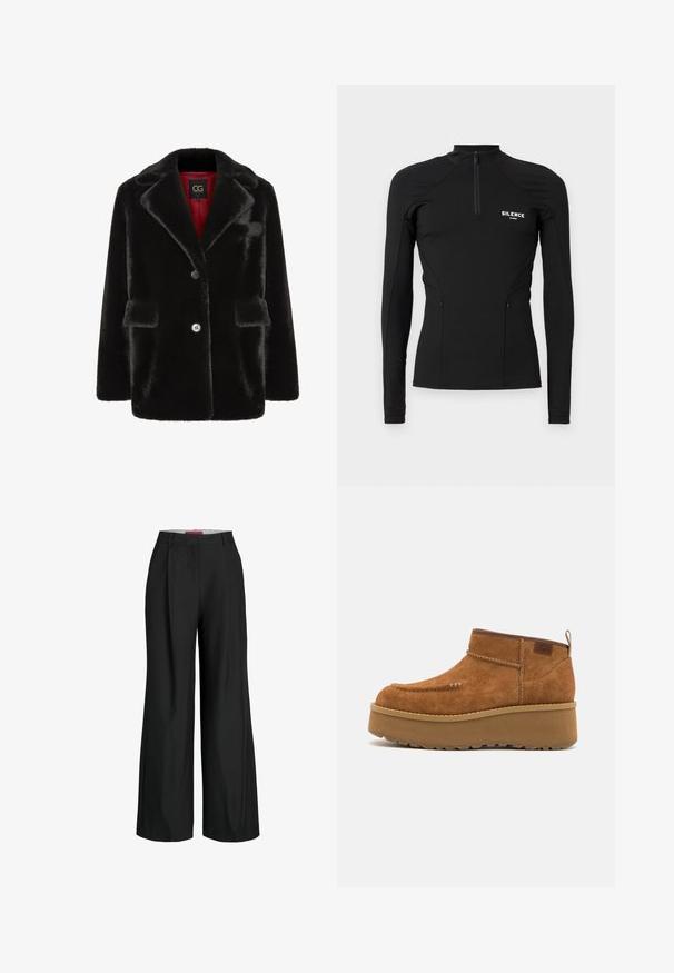 Cesare Gaspari Zimní kabát - black; Černý sportovní top s dlouhým rukávem vyrobený z elastického materiálu, s čtvrtzipovým límcem, bočními kapsami a logem "SILENCE" na hrudi.; Černé kalhoty s širokými nohavicemi a přizpůsobeným střihem, které mají sklady a hladkou texturu látky. Čisté linie bez viditelného kování nebo akcentů.; Hnědé nubukové kotníkové boty s kulatou špičkou, platformovou podrážkou a prošitím. Mají poutko na zadní straně pro snadné obouvání.