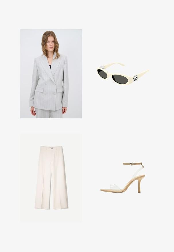 Blazer doppiopetto grigio chiaro con sottili righe verticali, rever a punta, due tasche frontali e bottoni rotondi. Tessuto texturizzato.; Top bianco senza maniche con scollo rotondo, caratterizzato da una sottile trama, dettaglio a rombo sul retro e orlo dritto.; Pantaloni larghi color crema con design sartoriale, dotati di due tasche frontali e una chiusura con bottone anteriore, realizzati in tessuto liscio.; Sandal con tacco trasparente e parte superiore trasparente, plantare beige e una sottile cinghia alla caviglia. Presenta una punta appuntita e un tacco alto e sottile.; Occhiali da sole color crema con lenti ovali, tonalità nera e accenti metallici con logo alle tempie. Texture liscia, design a occhio di gatto.