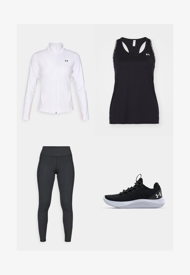 Jachetă sport albă cu fermoar, făcută dintr-un material neted, având mâneci lungi, guler ridicat și un logo negru pe partea stângă.; Top sportiv negru fără mâneci, cu decolteu adânc și design tip racerback. Prezentă logo-ul și bretelele cu un model. Fabricat dintr-un material ușor și respirabil.; Colanți negri fabricați dintr-un material elastic, având o talie înaltă, un design elegant și detalii stripate accentuate aproape de gleznă.; Pantofi sport negri cu un upper din plasă respirabilă, detalii texturate și o talpă din cauciuc albă. Au șireturi plate și o bandă pentru a-i trage de pe călcâi.