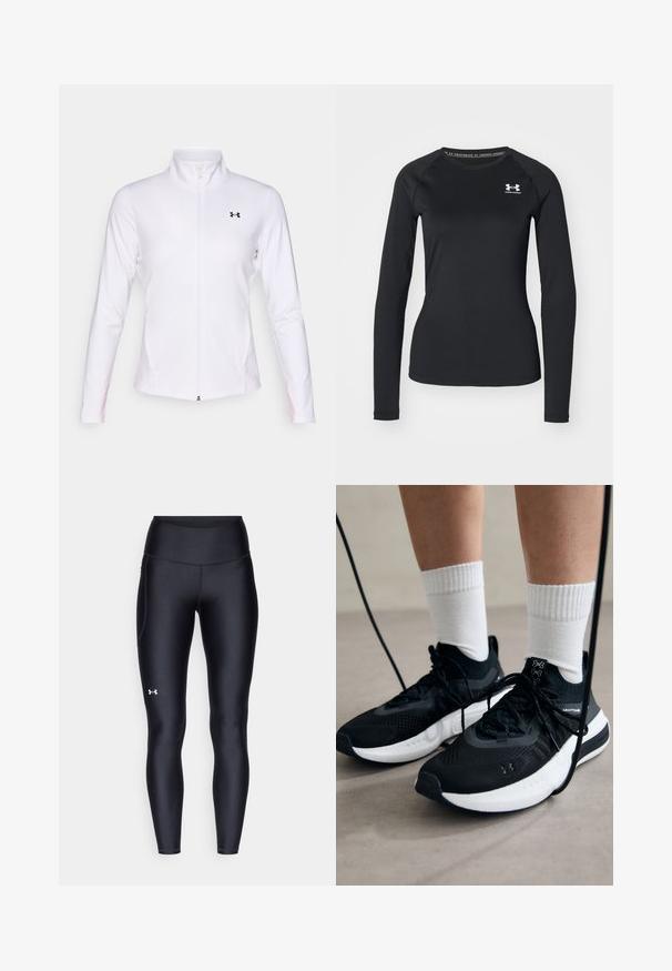 White zip-up sports jacket made of smooth fabric, featuring long sleeves, a stand collar, and a black logo on the left side.; Black long-sleeve athletic shirt made of smooth fabric, featuring a round neckline and a small white logo on the left chest.; Black leggings made of smooth, stretchy material with a high waistband. Features a white logo on the left thigh and fitted design.; Black athletic shoes with textured fabric, white sole, and black laces. Worn with white ribbed socks, standing on a light surface.