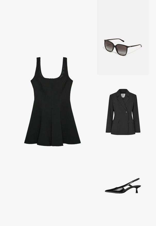 Černý blazer vyrobený z hladké tkaniny, s dvoubuttonovým zapínáním, klopami a předními kapsami. Jednoduchý, dobře střižený design.; Černé bezramínkové šaty s kulatým výstřihem. Rozšířená silueta ve tvaru A, vyrobené z hladkého materiálu, s ukrytým zipem na zádech.; Černé lakované lodičky na podpatku se špičatou špičkou, výřezovým designem na boku a malým čtvercovým podpatkem. Hladká textura s minimálními akcenty.; Černé obdélníkové sluneční brýle se zrcadlovými skly, plastový rám a kovový logový akcent na spánku. Klasický design s hladkým povrchem.