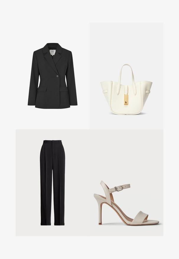 Černý blazer vyrobený z hladké tkaniny, s dvoubuttonovým zapínáním, klopami a předními kapsami. Jednoduchý, dobře střižený design.; Bílý bavlněný tričko s krátkými rukávy, kulatým výstřihem, přiléhavým střihem a hladkým povrchem. Logo nášivka na výstřihu.; Černé elegantní kalhoty s vysokým pasem, zdobené sklady vpředu, rovný střih nohavic a cuffed lem. Vyrobeno z hladké látky.; Beige sandál na vysokém podpatku s hladkým koženým povrchem, otevřenou špičkou, širokým předním popruhem a nastavitelným kotníkovým popruhem s kovovou sponou.; Bílá kožená taška přes rameno se strukturovaným tvarem, výrazným prošitím, zlatým kovovým štítkem a dvojitými uchy. Texturovaný povrch s bočními kapsami.
