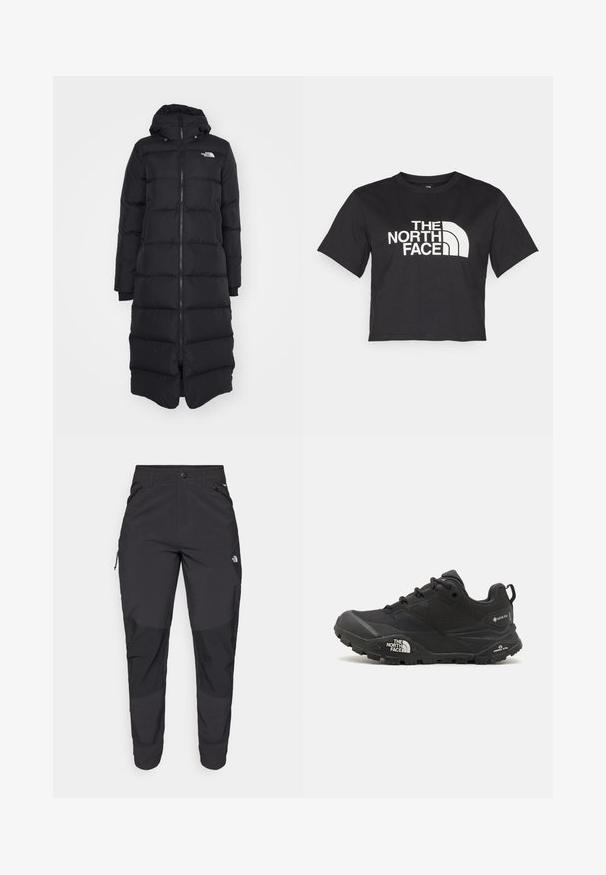 The North Face TRIPLE C PARKA - Down coat - black; Black cropped t-shirt made of cotton, featuring a white logo with curved accents and text "THE NORTH FACE" on the front. Short sleeves, crew neck.; Black outdoor pants made of durable fabric. Feature zippered pockets, reinforced knee panels, and a straight cut design for mobility.; Black hiking shoe with a textured upper, lace closure, and a chunky rubber sole featuring a prominent logo on the side and tread patterns.
