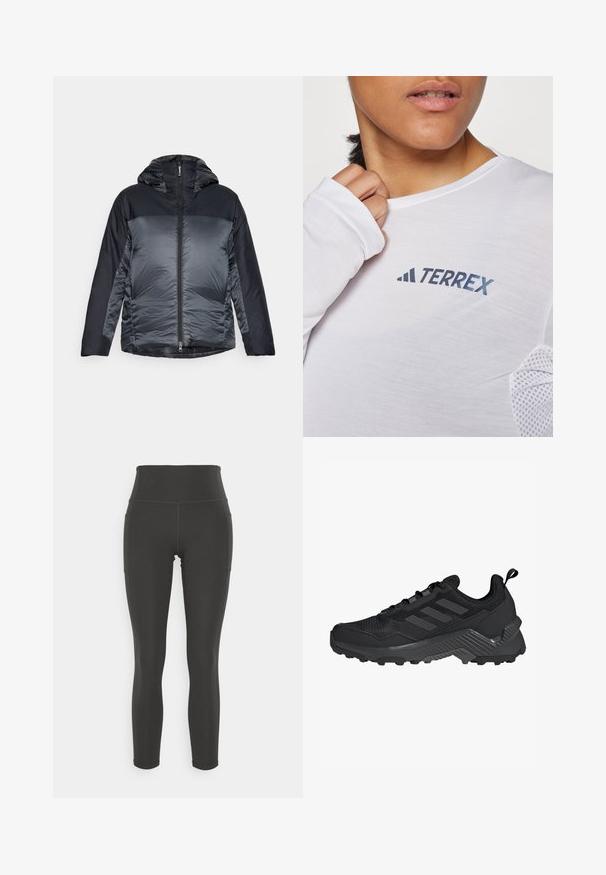 Hættetrøje-pufferjakke med en frontlynlås, der har en mørkegrå overdel og en tekstureret lysegrå nederdel. Blødt stof, letvægtsdesign.; Hvid langærmet skjorte med et blåt "TERREX" logo. Stoffet er let med teksturerede mesh-detaljer på skuldrene.; Højtaljede sorte leggings lavet af strækbart stof med glat overflade; har sidelommer og flade sømme for ekstra komfort.; Sort atletik sko med mesh-overdel, tre-stripes design, formet hæl og robust ydersål med fremtrædende grebsnubber.