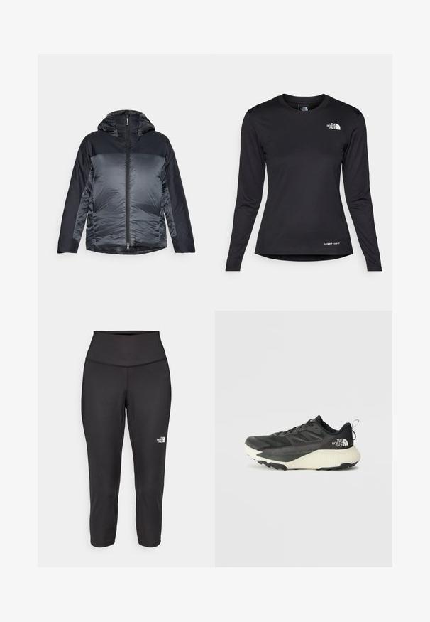 Veste à capuche rembourrée avec une fermeture éclair à l'avant, présentant une section supérieure gris foncé et une section inférieure gris clair texturée. Tissu doux, design léger.; The North Face SHADOW LONG SLEEVE - T-shirt à manches longues - black; Leggings capri noirs en tissu extensible, dotés d'une taille haute et d'un petit logo blanc sur le côté gauche. Texture lisse.; Chaussure de sport noire avec une tige texturée, dotée d'accents gris et d'une semelle intermédiaire blanche. Comprend une languette et un logo de marque bien visible à l'arrière.