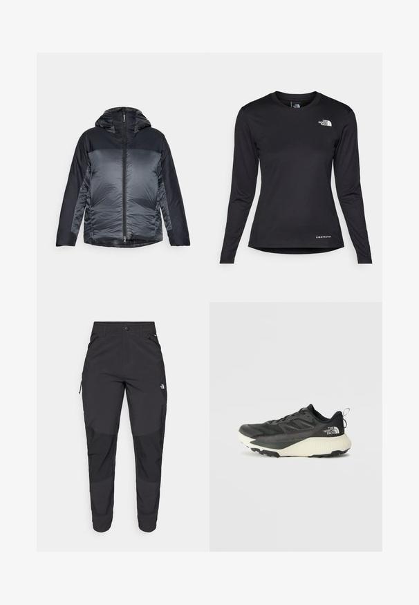 Kapuutsiga puffjakker, millel on eesne tõmblukk, tumehall ülemine osa ja tekstuuriga heledamhall alumine osa. Pehme kangas, kerge disain.; The North Face SHADOW LONG SLEEVE - Pikkade varrukatega topp - black; Must black välitingimustes püksid, mis on valmistatud vastupidavast kangast. Omavad lukugaTaskuid, tugevdatud põlvepaneele ja sirget lõiget liikuvuse tagamiseks.; Musty mustusjalats musta pealisega, millel on tekstuur, hallid aktsendid ja valge vaheosa. Sisaldab tõmbeosa ning silmapaistvat brändi logo kandadel.