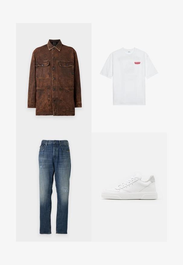 Ruda džinsinė striukė su keturiomis priekinėmis kišenėmis, mygtukų užsegimu ir subtiliu nusidėvėjimo efektu. Yra kontrastingas siuvinėjimas ir klasikinis apykaklė.; Balta medvilninė marškinėliai su trumpomis rankovėmis, apvaliu iškirpimu ir raudonu grafiniu tekstu "SKANI PAŽADINTI VAIŠIUS" priekyje.; Džinsai, turintys įblukusią mėlyną spalvą, tiesaus kirpimo dizainą, vidutinį dėvėjimą priekyje ir klasikinį penkių kišenių stilių.; Balti odiniai sportbačiai su lygiu paviršiumi, apvaliu pirštu, plokščiomis raištelėmis ir struktūrizuota padu. Pilko zimšo akcentas ant kulno.