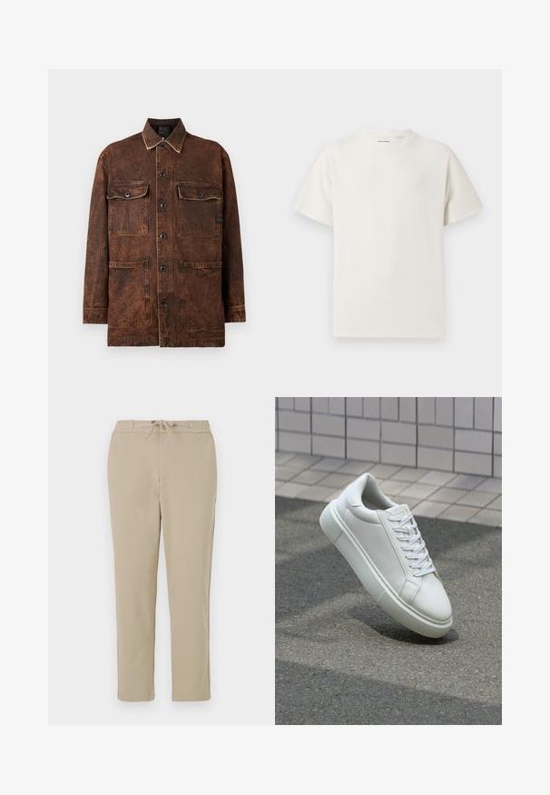 Brown denim jacket with four front pockets, button closure, and a subtle distressed texture. Features contrast stitching and a classic collar.; White short-sleeve T-shirt in a ribbed texture. Round neckline, relaxed fit, no visible patterns or accents. Simple and versatile design.; Beige lounge pants with an elastic waistband and drawstring, featuring a straight leg design and soft, smooth texture.; White leather sneaker with a smooth surface, round toe, and flat white laces. Features a textured rubber sole and minimal design elements.