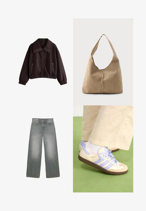 Donkerbruine cropped jack van gladde stof, met een grote kraag, elastische manchetten en twee ritszakken aan de zijkant.; Bruine geribbelde lange mouwen cropped trui met een diepe V-hals en kraag, gemaakt van lichtgewicht gebreide stof.; Grijs denim jeans met brede pijpen, voorzien van een licht vervaagde textuur, vijf zakken en een klassieke knoop- en ritssluiting.; Crème- en lavendel-sneakers met drie strepen en een gestructureerde bruine zool, voorzien van veters en een gewatteerde hiel. Zachte stoffen bovenkant.; Hobo tas in zacht beige suede met een slungelige vorm, brede schouderband en een handgestikte naad langs de voorkant.