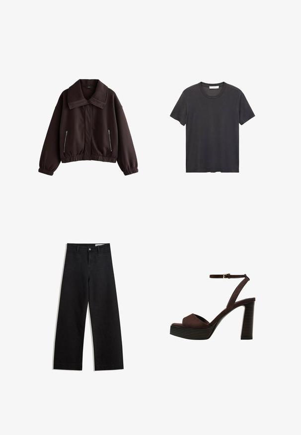 Dark brown cropped jacket made of smooth fabric, featuring a large collar, elastic cuffs, and two zippered side pockets.; Black crew-neck t-shirt made of soft cotton. Short sleeves, relaxed fit, and straight hem with no embellishments or patterns.; Black wide-leg denim pants with a high waist, featuring front and back pockets, stitched seams, and a button closure. Smooth texture.; Brown suede high-heeled sandal with an open toe, adjustable ankle strap, and a striped platform sole.