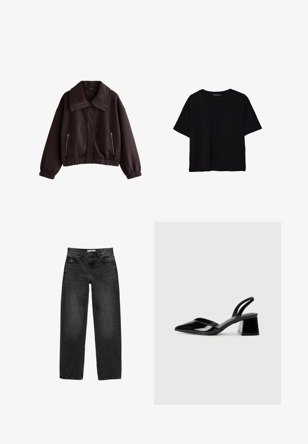 Dark brown cropped jacket made of smooth fabric, featuring a large collar, elastic cuffs, and two zippered side pockets.; Black short-sleeve t-shirt made of cotton. Features a round neck and a loose fit with a smooth, plain texture. No visible patterns or accents.; Black denim jeans with a relaxed fit, straight leg, five-pocket design, and a slightly faded texture. Button and zipper closure at the front.; Black patent leather slingback heels with a pointed toe and a geometric block heel. Features a sleek, minimal design and smooth texture.
