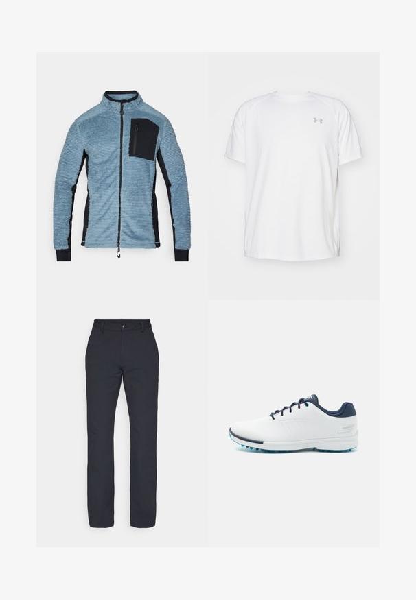 Chaqueta de forro polar en azul claro con acentos negros. Presenta un cierre frontal con cremallera, cuello alto y un bolsillo en el pecho con cremallera. Tejido suave y texturizado.; Camisa atlética de manga corta blanca, hecha de tejido suave. Presenta un cuello redondo y un logo gris en el lado izquierdo del pecho, con aberturas laterales en el dobladillo.; Pantalones negros de pierna recta con un acabado de tela suave, que cuentan con una cinturilla con cierre de botón y sin patrones ni acentos visibles.; Zapatillas deportivas blancas con una parte superior sintética lisa, acentos en azul, talón texturizado azul marino y una suela ligera con clavos para mayor tracción.