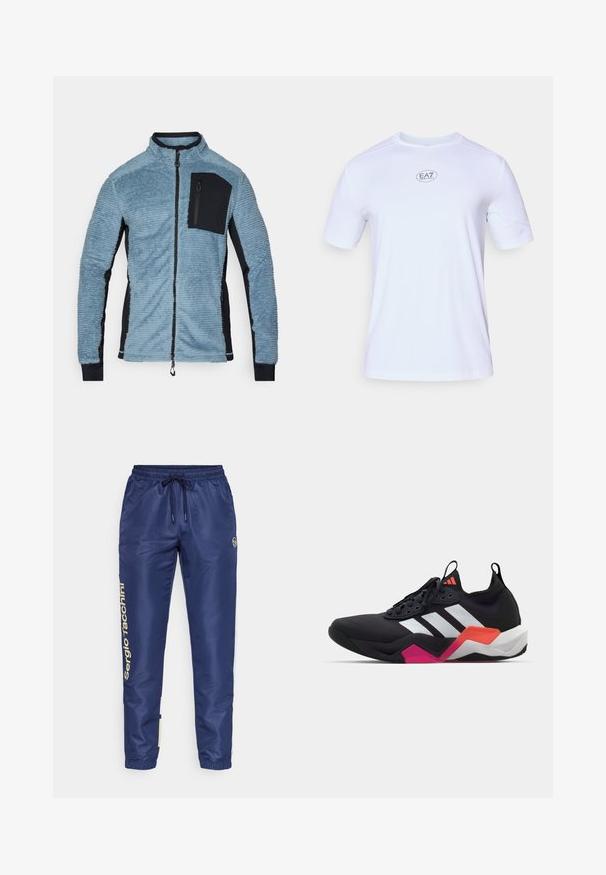 Helesinine fliistek jope helesinise värviga mustade aksessuaaridega. Omab lukuga esiosa, kõrget kaelust ja lukuga rinna taskut. Pehme, tekstuuriga kangas.; Valge lühikeste varrukatega spordisärk, mis on valmistatud kergest, hingavast puuvillaste võrkkangast. Omab ümmargust kaelust ja ümarat EA7 logo rinnal.; Tumesinised spordipüksid, millel on paelaga vöökoht, elastsed mansetid ja kuldne bränding vasakul küljel. Valmistatud siledast, kergest kangast.; Mustaline spordijalats valgete triipudega, tekstureeritud ülemise osaga ja pehme tallaga, millel on oranžid, roosad ja valged aktsendid. Sidumisdisain koos tõmblukuga.