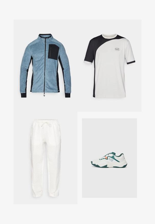 Jaqueta de polar em azul claro com detalhes em preto. Apresenta fecho de correr à frente, gola alta e um bolso no peito com fecho de correr. Tecido suave e texturizado.; Camiseta de mangas curtas com um design em blocos de cores preto e branco, feita de tecido leve. Inclui o logotipo EA7 no peito.; Calças jogger brancas em tecido trançado com cintura elástica, cordão, bolsos laterais e um padrão texturizado por todo o lado.; Tênis brancos desportivos com detalhes em verde, sola texturizada e logotipo; apresentando fecho por atilho e calcanhar almofadado para apoio.