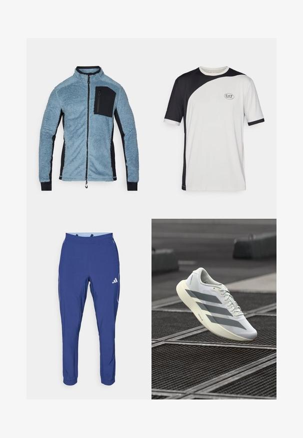 Fleecejakke i lyseblå med sorte detaljer. Har glidelås foran, høy krage og en glidelåslomme på brystet. Myk, teksturert stoff.; Kortermet T-skjorte med svart og hvit fargeblokkeringsdesign, laget av lettvektstoff. Inkluderer EA7-logo på brystet.; adidas Performance TECH APP - Joggebukse - dark blue/glow blue; Hvit sportsko med teksturert mesh-overdel, med grå striper og polstret såle. Lett design egnet for løping.