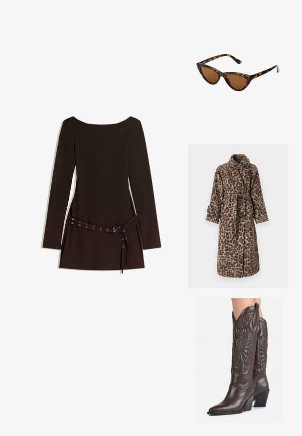 Leopárdmintás, övvel ellátott kabát, hosszú ujjaival és gallérral. Puha, textúrált anyagból készült, barna és bézs árnyalatokban.; Fekete, hosszú ujjú ruha széles nyakkivágással, övvel ellátott derékkal, fémlukakkal és sima szövettextúrával.; Barna bőr cowboy csizmák hegyes orral és blokk sarkal, részletes varrással és kiemelkedő díszítésekkel a szárán.; Cica szemüveg fekete és narancssárga teknőc pánttal, barna lencsékkel és sima, hegyes végekkel. A templomán egy minimalista logó található.; Az arany kézitáska texturált anyagból készült, kerek fémbetétekkel, háromszög alakú logóval és láncos pánttal, amelyen kerek fém szemcsék találhatók.