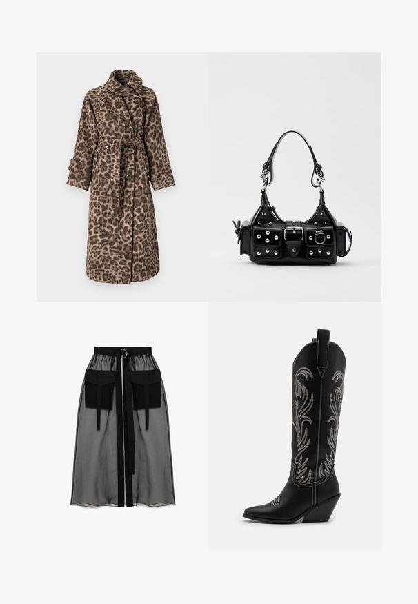 Leopardmuster-Wickelmantel mit tailliertem Gürtel, langen Ärmeln und Kragen. Hergestellt aus weichem, strukturiertem Stoff in braunen und beigen Tönen.; Schwarzes Langarmoberteil aus transparenter Stoff, mit rundem Halsausschnitt, vorderem Knopfverschluss und gewellten Kanten an den Ärmelbündchen.; Schwarzer transparenter Rock mit einem gerafften Taillenbund, der zwei große Fronttaschen, einen Taillenkordel und ein kreisförmiges Metallakzent aufweist.; Schwarze Leder-Cowboy-Stiefel mit spitzen Zehen, Keilabsätzen und silbernen, gestickten Blumenmustern entlang des Schafts. Kontrastnähte über das gesamte Design.; Schwarze Lederhandtasche mit einem geschwungenen Design, verziert mit silbernen Nieten, einer Schnalle und zwei seitlichen Taschen. Verstellbarer Träger für verschiedene Tragemöglichkeiten.