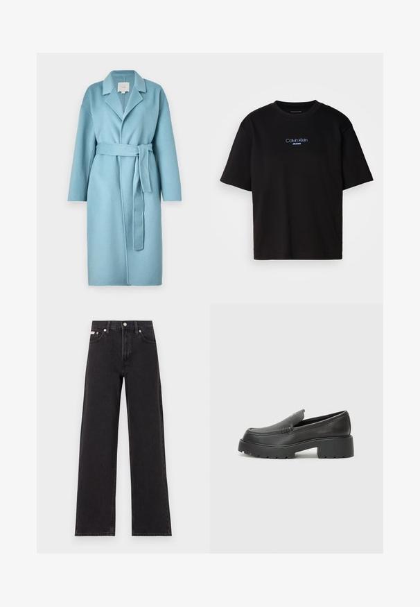 Light blue wool wrap coat featuring a notched collar, long sleeves, a tie belt, and a textured fabric finish.; Black cotton t-shirt with a round neck, short sleeves, and blue embroidered "Calvin Klein JEANS" logo on the front.; Black wide-leg jeans made of denim, featuring a high-rise waist, five-pocket styling, and a metal button closure with contrasting stitching.; Black leather loafers with a rounded toe, thick textured sole, and minimal stitching details. Sleek design with no visible laces or hardware.