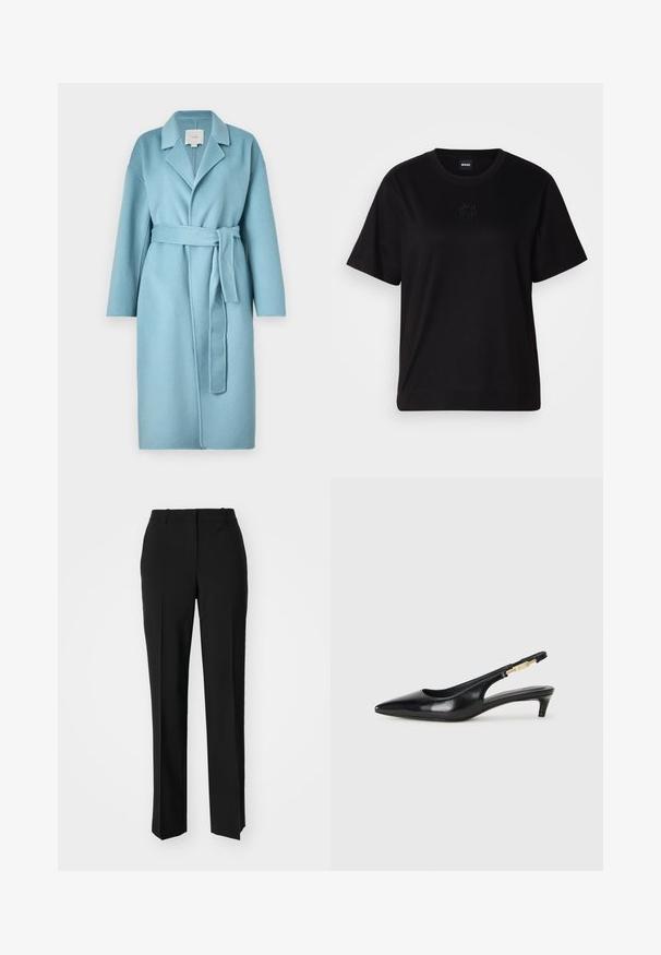 Šviesiai mėlynas vilnonis apsiaustas su išpjovimu apykakle, ilgomis rankovėmis, dirželiu ir tekstūruotu audiniu.; Juodas medvilninis marškinėliai su apvalia iškirpte, trumpomis rankovėmis ir siuvinėjimu ant krūtinės. Paprastas, laisvas siluetas be raštų.; Juodi pritaikyti kelnių modeliai su tiesiomis kojomis, pasižyminčios lygiomis tekstūromis ir ryškiomis klostėmis priekyje. Nėra matomų detalių.; Juodas odinis pavasario batelių modelis su smailiu nosiu, turintis siaurą kulniuką ir auksinės spalvos akcentu reguliuojamoje juostoje. Lygi tekstūra.