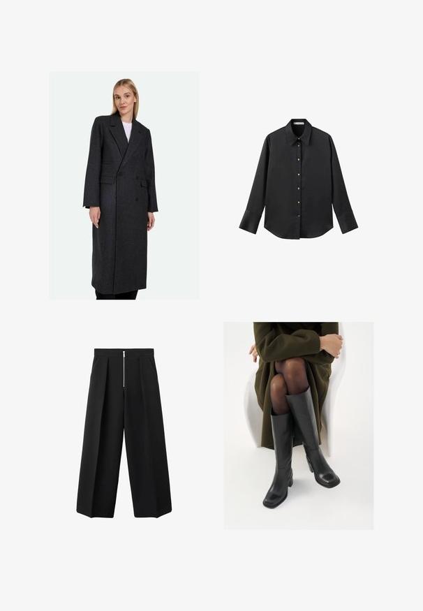 Siv volnen plašč dolžine s kakovostno dvoredno zasnovo, odrezanimi reverji in dvema stranskima žepoma; struktura z gladko teksturo.; Črna majica z dolgimi rokavi iz gladkega materiala, z klasičnim ovratnikom, sprednjim zapiranjem na gumbe z zlatimi gumbi in širokimi manšetami.; Črne široke hlače s sprednjimi gubami in vidnim srebrnim zadrgo na pasu, ravnim sprednjim delom in stranskima žepoma.; Črne usnjene čevlje do kolen s kvadratnim prstom in blok peto, prikazani na modelu, ki sedi v olivno zeleni plašču. Gladka tekstura, minimalne podrobnosti.