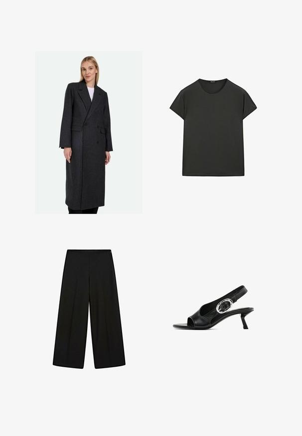 Grauer Wollmantel in langer Form mit einem doppelt gearbeiteten Design, mit Reverskragen und zwei seitlichen Taschen; strukturierte Form mit glatter Textur.; Schwarzes T-Shirt mit kurzen Ärmeln aus weichem Stoff, mit Rundhalsausschnitt und lockerer Passform, in klaren, einfachen Linien und ohne Muster.; Schwarze, weit geschnittene Hosen aus weichem Stoff, mit hohem Bund und Falten, die eine glatte Textur und keine sichtbaren Verzierungen aufweisen.; Schwarzer Leder-Slingback-Schuh mit offener Spitze, der eine silberne ovale Schnalle am Riemen und einen schlanken Blockabsatz aufweist. Glatte Textur.