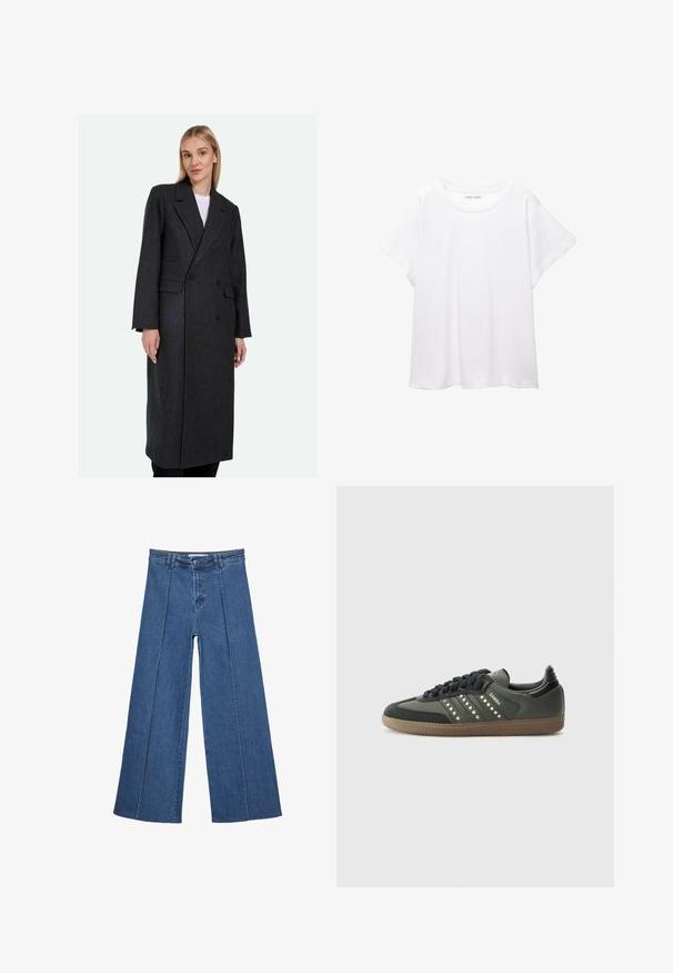 Šedý vlněný dlouhý kabát s dvouřadým designem, klopami a dvěma bočními kapsami; strukturovaný tvar s hladkou texturou.; Bílý tričko vyrobené z měkké, lehké tkaniny. Má kulatý výstřih a krátké, široké rukávy s uvolněným střihem. Bez viditelných vzorů.; Džíny s širokými nohavicemi v středně modré barvě, se zvýšeným pasem, knoflíkovým zapínáním a kontrastními vertikálními švy vpředu.; adidas Originals SAMBA OG - Tenisky - core black/legend earth/gum