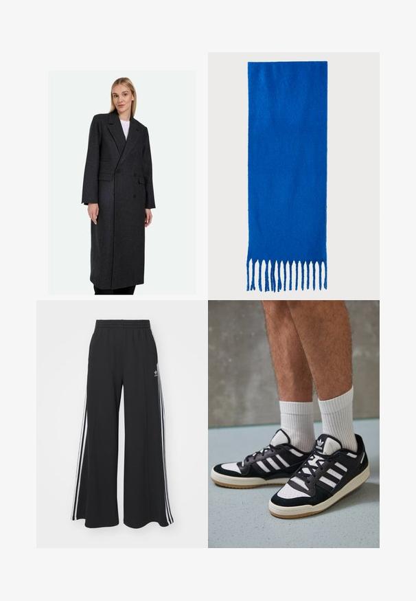 Grey wool long coat with a double-breasted design, notched lapels, and two side pockets; structured shape with a smooth texture.; Black short-sleeve t-shirt in cotton with a relaxed fit, crew neck, and minimalistic design. No patterns or visible accents present.; Black wide-leg sweatpants with an elastic waistband, featuring white side stripes and an embroidered logo on the left thigh.; Black and white sneakers with a suede and leather upper, featuring three white stripes, a perforated toe, and a gum rubber sole.; Blue fringed scarf made of soft fabric; features a solid color with a textured surface and evenly cut fringe at the bottom.