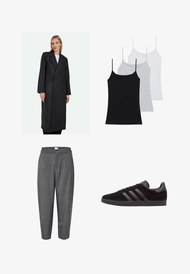 Hallhalli villane pikka mantel, millel on kaksteist kraani disain, märgatud kraed ja kaks küljetaskut; struktureeritud kuju sujuva tekstuuriga.; Kolm ilma varrukat särki: üks must, üks hall ja üks valge. Valmistatud pehmest, elastseks kangast, millel on reguleeritavad õhukesed rihmad.; Hallid, kitsene püksid, mis on valmistatud tekstureeritud kangast; omavad voldikesi ja sujuvat vöökoht, millel on peidetud sulgemine.; Mustad sametist jooksujalatseid tekstureeritud kummitaldadega, millel on kolm musta nahast triipu, ümar varvas ja pehmendatud pahkluuosa.