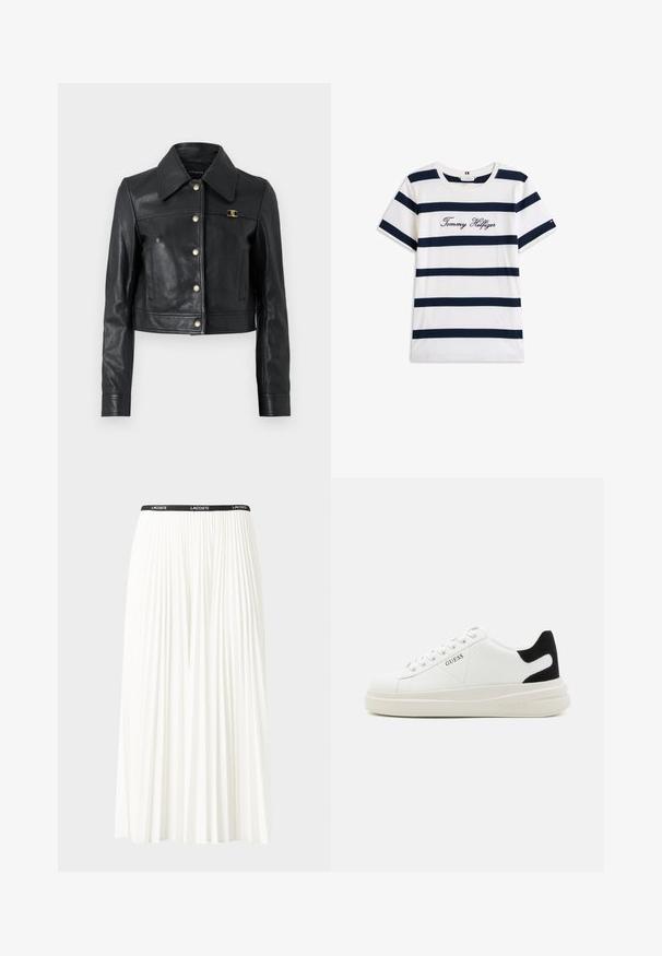 COACH SNAP FRONT SHRUNKEN JACKET - Jachetă piele - black; Tricou din bumbac cu dungi orizontale bleumarin pe un fundal alb. "Tommy Hilfiger" brodat în stil cursiv pe piept. Decolteu rotund.; Fustă plisată albă cu un brâu elastic negru, având logo-ul "LACOSTE". Design de lungime medie, cu textură moale.; Adidași din piele albă cu o talpă groasă albă, accent de călcâi din suede negru și logo embosat pe lateral. Design cu șireturi și șase orificii.