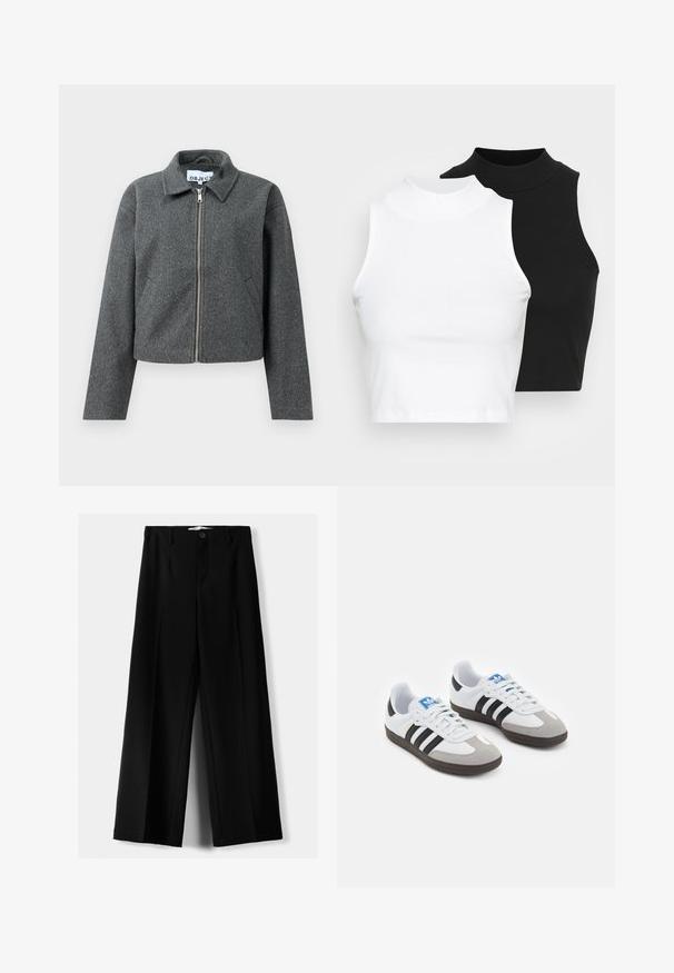 Veste grise courte en matière texturée. Dotée d'une fermeture éclair sur le devant, d'un col pointu et de poches latérales. Design simple, sans motifs.; Deux hauts sans manches en maille côtelée, en noir et blanc, dotés d'un design ajusté et d'une texture lisse, avec une longueur courte.; Pantalons larges noirs en tissu léger, avec une fermeture à bouton à l'avant et un devant plat, dotés d'ourlets soigneusement cousus.; Baskets avec une tige en cuir blanc, un bout en daim gris et trois bandes noires. Présente un logo bleu sur la languette et une semelle en caoutchouc texturée.