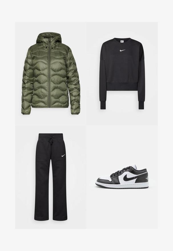 Peak Performance HELIUM HOOD - Doudoune - pine needle; Sweatshirt noir court en mélange de coton, avec un col rond, des manches longues et un logo Nike blanc sur la poitrine.; Pantalons de survêtement noirs en mélange de coton, dotés d'une taille élastique avec cordon de serrage, de jambes droites et d'un logo Nike blanc sur le côté gauche.; Des baskets basses Nike en noir et blanc présentent un cuir lisse sur le dessus, un bout rond, un système de laçage et une semelle extérieure en caoutchouc à motifs.