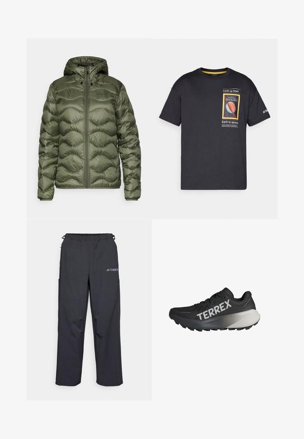 Peak Performance HELIUM - Puhovka - pine needle; Črna bombažna majica s kratkimi rokavi, ki na sprednji strani prikazuje barvno grafiko in besedilo National Geographic, s kontrastnimi rumenimi akcenti.; Črne lahke hlače za prosti čas z elastičnim pasom, stranskimi žepi in logotipom na zgornjem desnem stegnu. Gladka, vodoodbojna tkanina.; Črne športne čevlje za tek z strukturo zgornjega dela, vidnim logotipom "TERREX" v beli barvi, obliko podplata v ožjem stilu in gradijentnim sivo-odtenkom na peti.