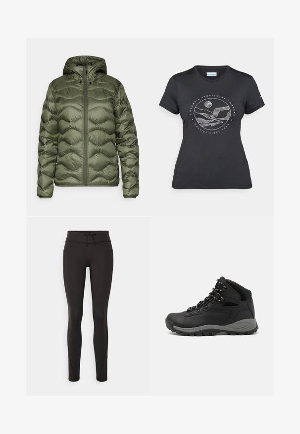 Peak Performance HELIUM HOOD JACKET - Sulejope - pine needle; Musternine Columbia T-särk mustas värvuses, millel on valge ümmargune mägi ja jõe joonistus ning tekst "Columbia Sportswear Company Outside Since 1938."; Mustad kõrge vöökohtadega mustad retuusid, paelaga, sileda tekstuuri ja sobiva disainiga. Külgedel on õmblusdetailid.; Mustarjaline matkasaabas, millel on keskmine disain, tekstuuriga ülemine osa, hallid aktsendid ja vastupidav kummist põhi, millel on haardelugesid.